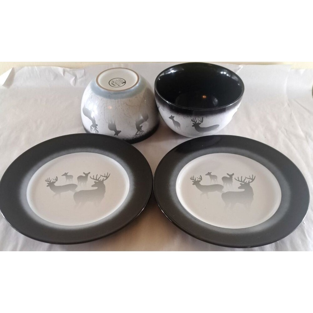 Cabelas Morning Mist Bowls & Salad Plates Set of 4 Outdoor Deer Cabin Lodge